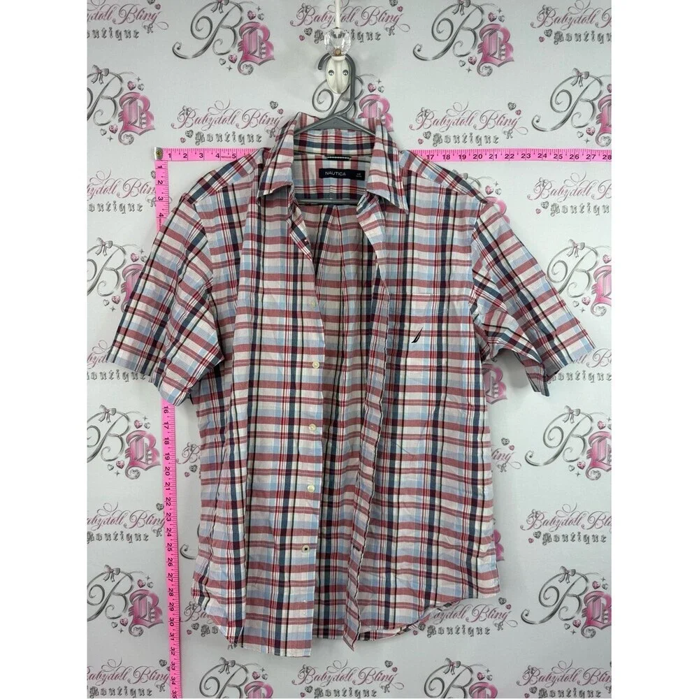 Nautica tshirt Short Sleeve Plaid Button-Up Shirt in Red, Blue, White